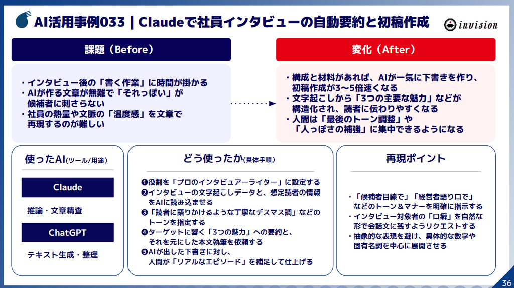 AI活用事例033｜Claudeで社員インタビューの自動要約と初稿作成